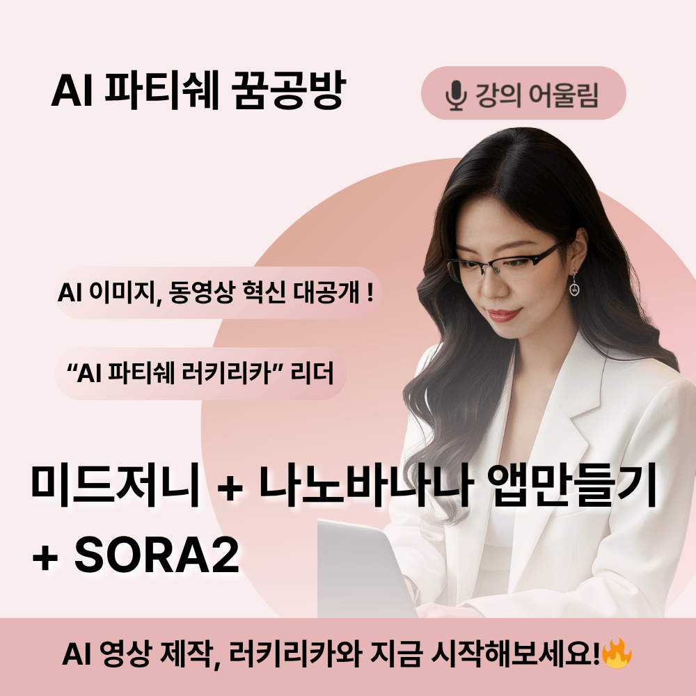 최신 AI 소식을 담는 무료특강: 미드저니+나노바나나+ 소라2
10월 14일 (화) 20시 라이브 ZOOM