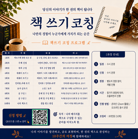 책쓰기 코칭: 당신의 이야기가 한 권의 책이 됩니다.
*사전 문의 후, 등록해 주세요.